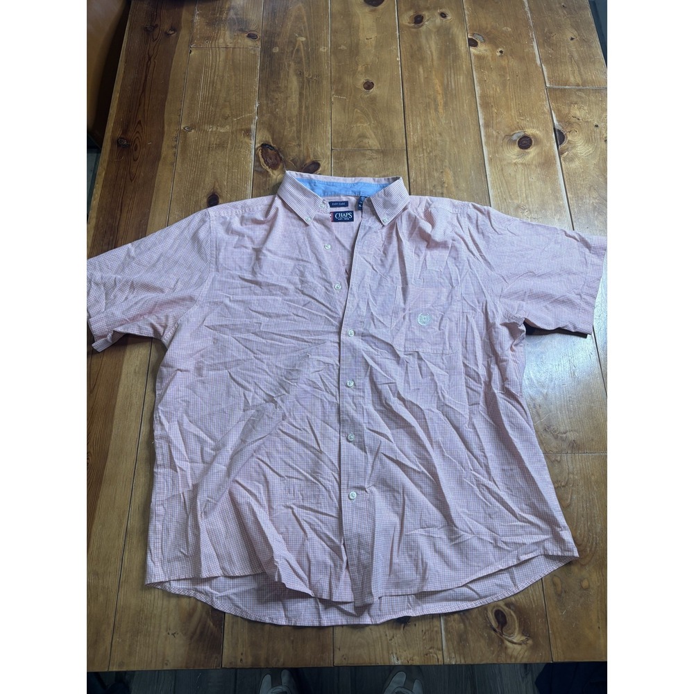 Chaps Men's XL Short‎ Sleeve Casual Button-Down Shirt Pink White Check Easy Care